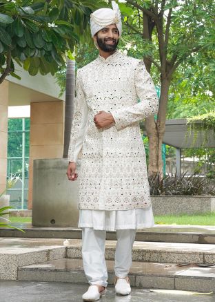 Off-White Mirror Work Silk Sherwani Set