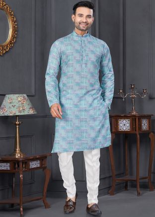 Blue Printed Cotton Kurta Pajama