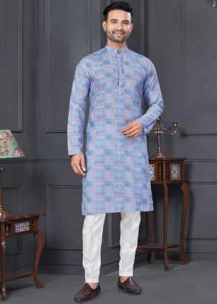 Blue Cotton Printed Kurta Pajama