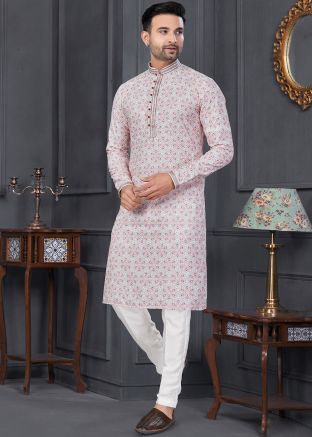 Pink Embroidered Kurta Pajama In Cotton