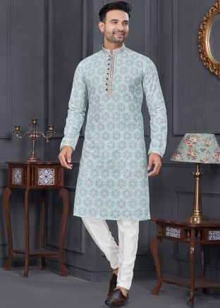 Blue Embroidered Cotton Kurta Pajama 