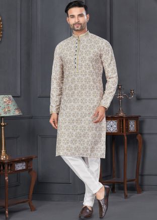 Peach Embroidere Mens Kurta Pajama