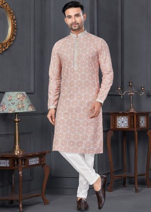 Pink Embroidered Kurta Pajama In Cotton