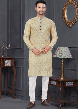 Yellow Embroidered Mens Cotton Kurta Pajama