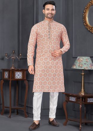Peach Embroidered Mens Kurta Pajama