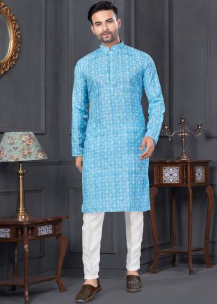 Blue Printed Kurta Pajama In Rayon