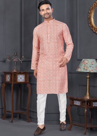 Peach Printed Mens Kurta Pajama