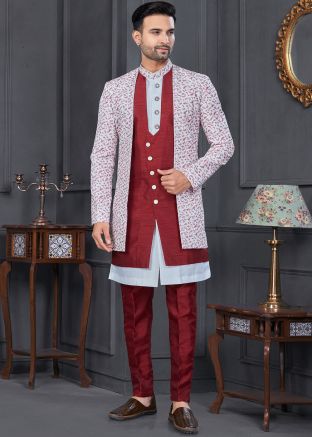 Maroon & White Printed Jacket Style Indo Western Sherwani
