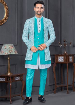 Turquoise & White Printed Jacket Style Indo Western Sherwani