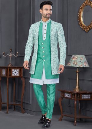 Green & White Printed Jacket Style Indo Western Sherwani