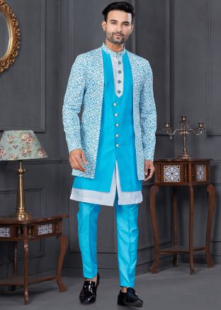 Blue & White Printed Jacket Style Indo Western Sherwani