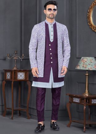 Purple & White Printed Jacket Style Indo Western Sherwani