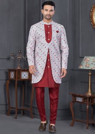 Maroon & White Printed Jacket Style Indo Western Sherwani