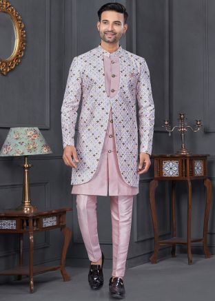 Pink & White Printed Jacket Style Indo Western Sherwani