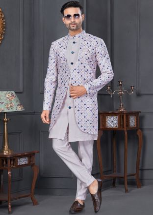 Light Purple Printed Jacket Style Indo Western Sherwani
