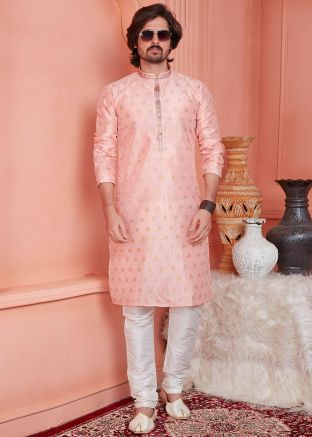 Men Peach Woven Kurta With Pajama Set