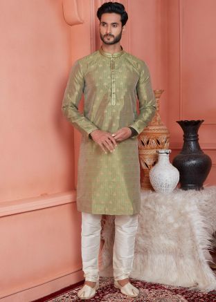 Green Men Woven Kurta Pajama Set