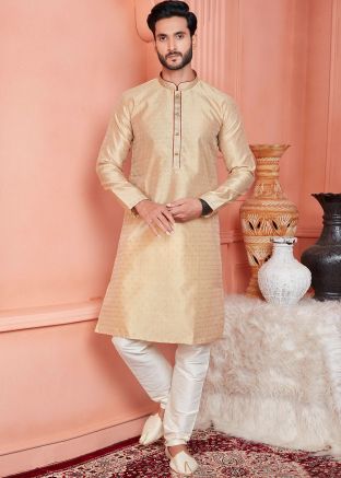 Beige Men Kurta Pajama In Woven Work