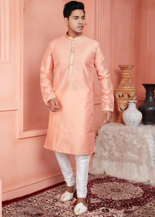 Peach Woven Men Kurta With Pajama
