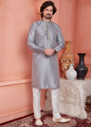 Men Grey Woven Kurta Pajama In Jacquard