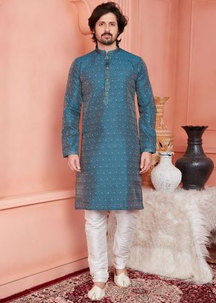 Blue Woven Men Jacquard Kurta Pajama