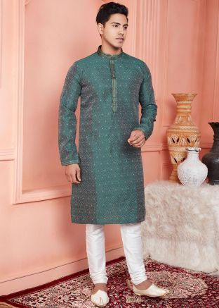 Dual Tone Green Woven Kurta Pajama