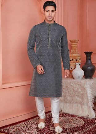 Grey Woven Men Kurta With Pajama
