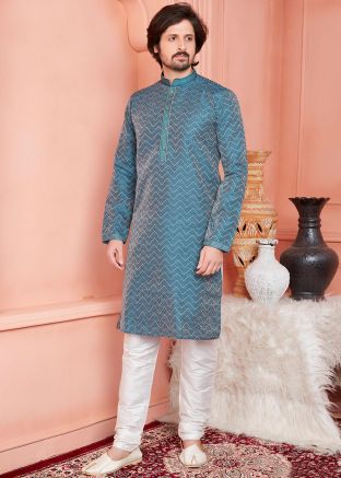 Readymade Blue Men Woven Kurta With Pajama