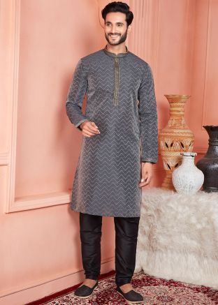 Charcoal Black Woven Men Kurta Pajama Set