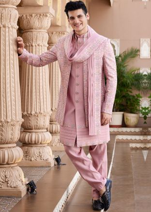 Readymade Pink Embroidered Indo Western Sherwani Set