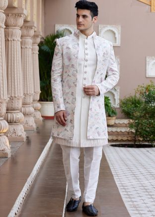 Cream Embellished Men Indo Western Sherwani