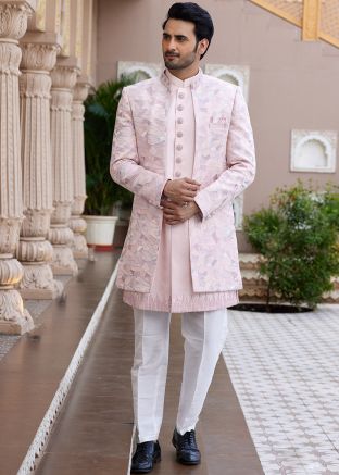 Peach Embroidered Men Indo Western Sherwani