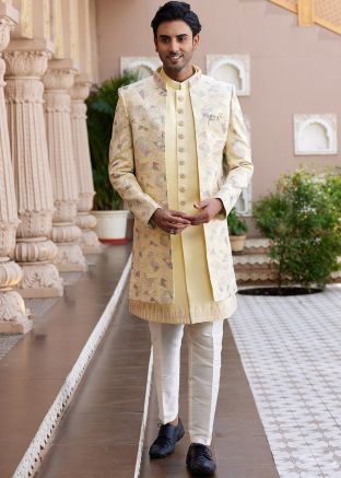 Light Yellow Indo Western Sherwani In Thread Embroidery