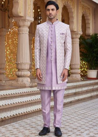 Men Purple Embroidered Indo Western Sherwani