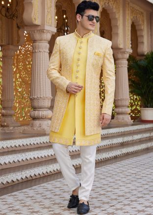 Yellow Men Embroidered Indo Western Sherwani