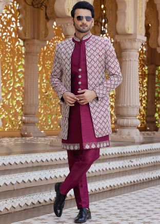 Maroon Men Embroidered Indo Western Sherwani Set