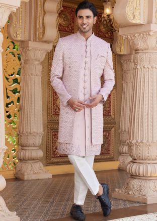 Men Pink Emebllished Indo Western Sherwani Set