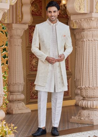 Cream Men Art Silk Indo Western Sherwani