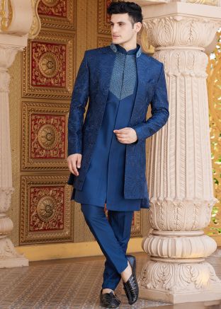 Blue Art Silk Embroidered Indo Western Sherwani