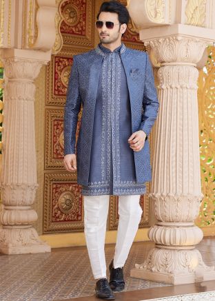 Grey Indo Western Embroidered Sherwani For Men
