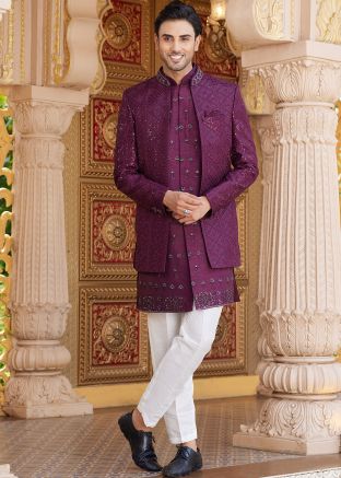 Wine Men Indo Western Embroidered Sherwani