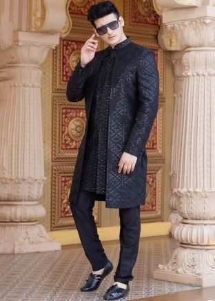 Black Men Indo Western Embroidered Sherwani