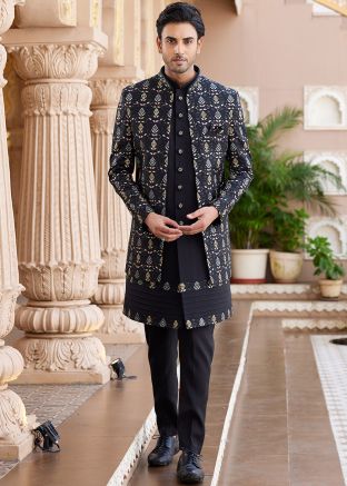 Black Men Embroidered Indo Western Sherwani