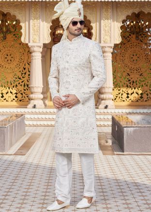 Thread Embroidered Cream Sherwani Set