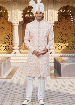 Peach Thread Embroidered Men Sherwani set