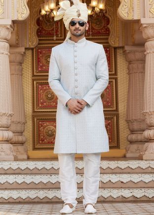 Readymade Grey Thread Embroidered Sherwani Set