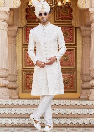 Thread Embroidered Sherwani Set In Cream