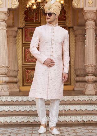 Peach Men Sherwani Set In Thread Embroidery