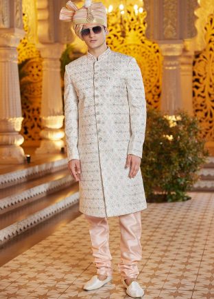 Cream Embroidered Art Silk Sherwani Set