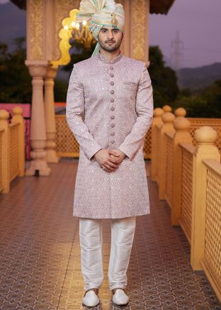 Mauve Purple Embroidered Sherwani Set